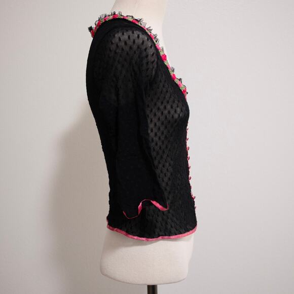 Betsey Johnson Vintage Y2K Swiss Dot Floral Applique Mesh Cropped Cardigan SZ M - Picture 3 of 5